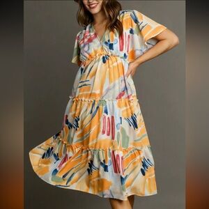 Umgee Yellow Multi-Color Abstract Tiered Maxi Dress